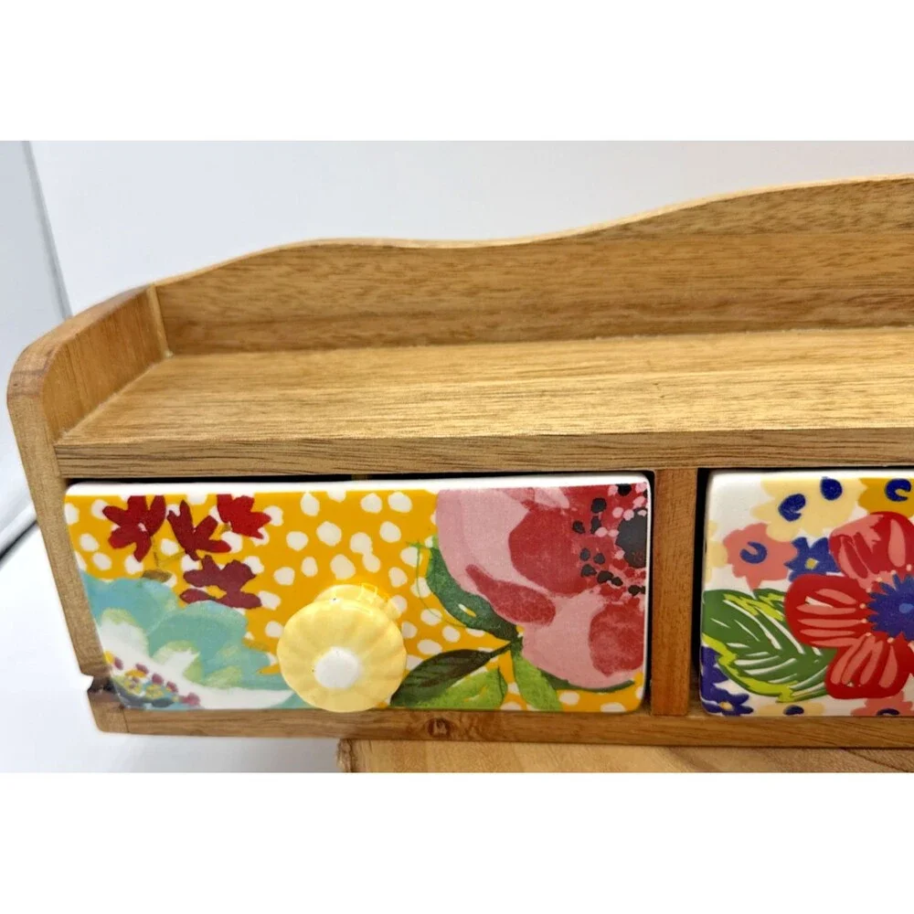 The Pioneer Woman Spice Rack Wood Shelf Ceramic 3-Drawers Bin Floral Melody